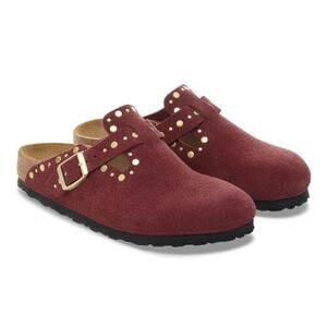 Birkenstock Shoes Boston Rivets Zinfandel Suede Leather Clogs
